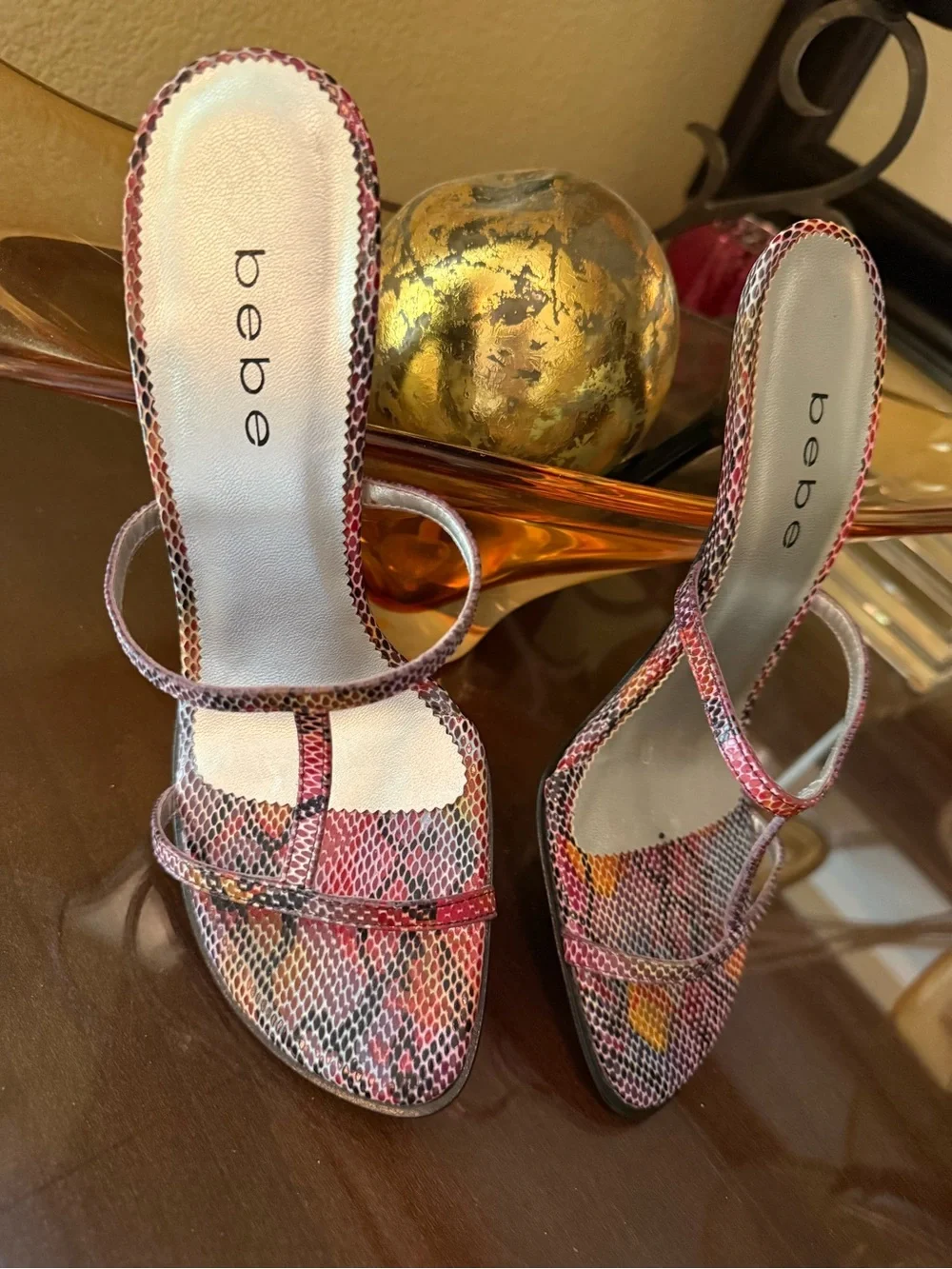 bebe Women's Multi-Color Snakeskin-Print Leather Strappy Heels Size 7.5 NEW